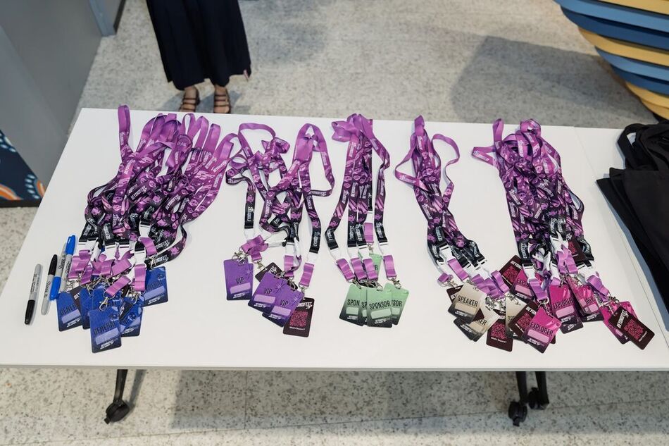 Purple BeyondFest lanyards laid out before doors open