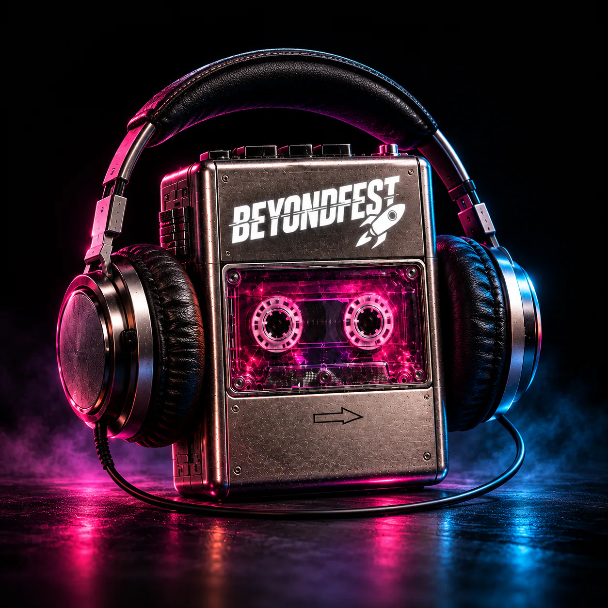 Chrome cassette player branded BeyondFest wearing a pair of over-ear headphones, lit magenta and blue