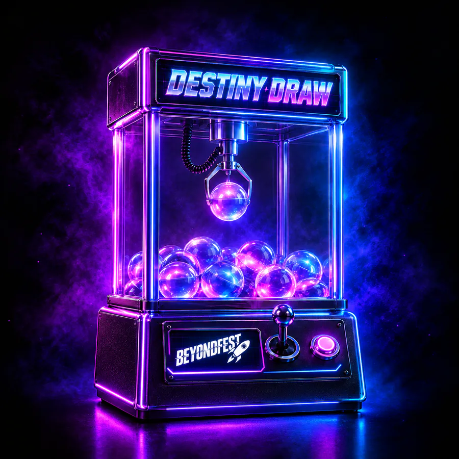 Neon claw machine with DESTINY DRAW lit above the glass, full of glowing spheres, branded BeyondFest