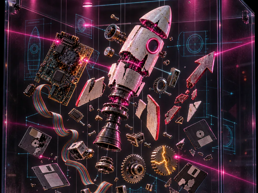 A rocket broken into its parts inside a lit glass display case, nose cone, engine bell, circuit boards and floppy disks frozen mid-air